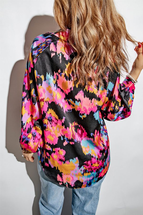 Purple Graffiti Printed V Neck Puff Sleeve Blouse - Image 2