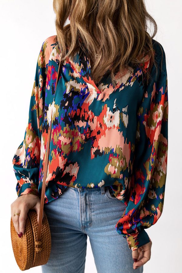 Purple Graffiti Printed V Neck Puff Sleeve Blouse - Image 8