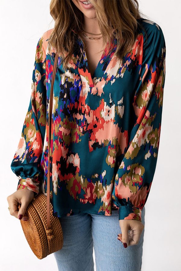 Purple Graffiti Printed V Neck Puff Sleeve Blouse - Image 9