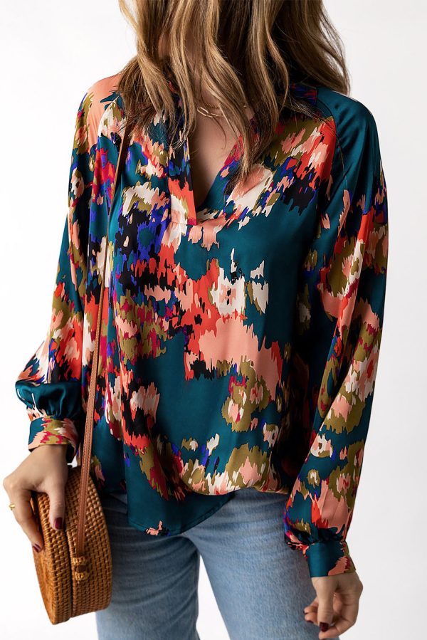 Purple Graffiti Printed V Neck Puff Sleeve Blouse - Image 10