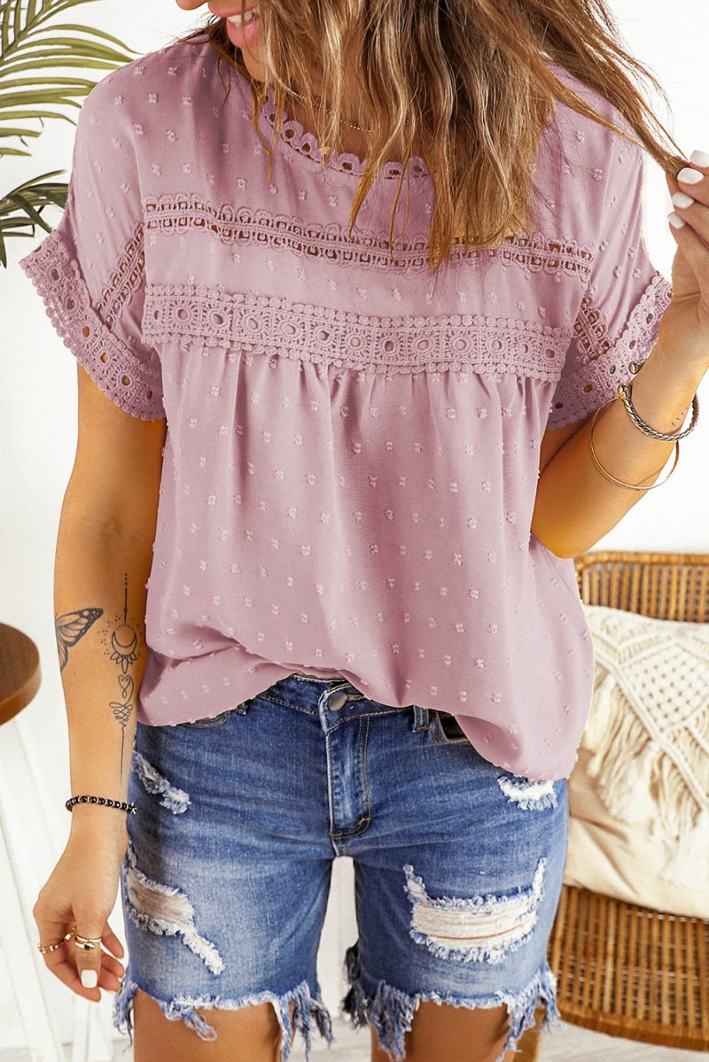 Apricot Swiss Dot Lace Splicing Short Sleeve Top - Image 8