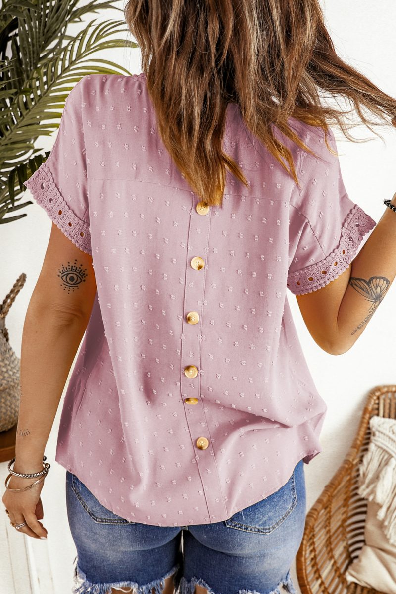 Apricot Swiss Dot Lace Splicing Short Sleeve Top - Image 9