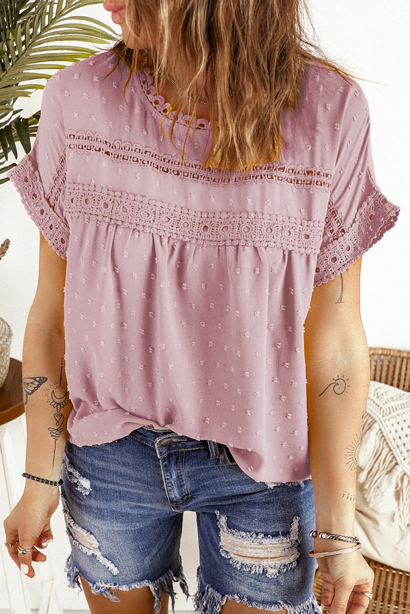 Apricot Swiss Dot Lace Splicing Short Sleeve Top - Image 11