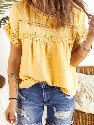 Apricot Swiss Dot Lace Splicing Short Sleeve Top