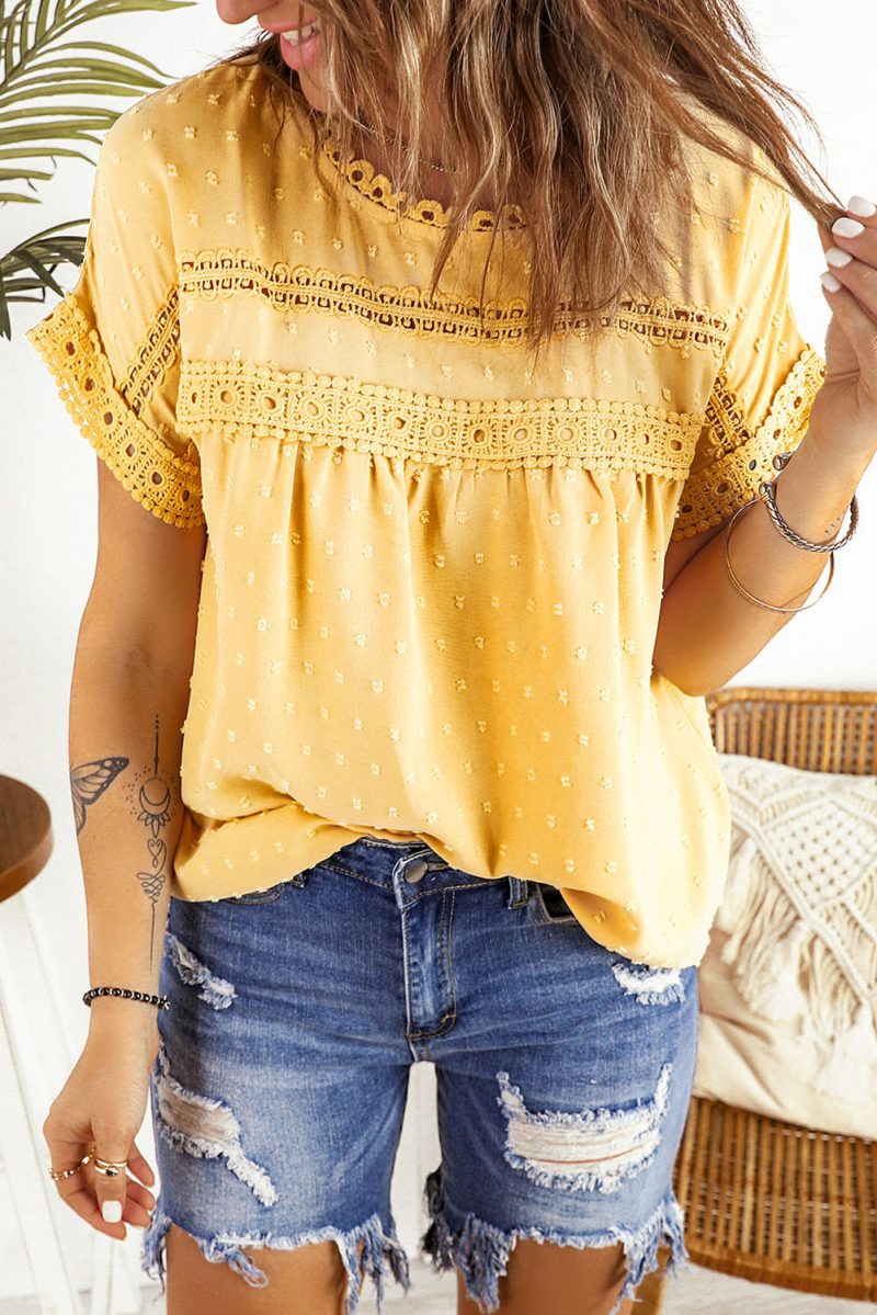 Apricot Swiss Dot Lace Splicing Short Sleeve Top - Image 3