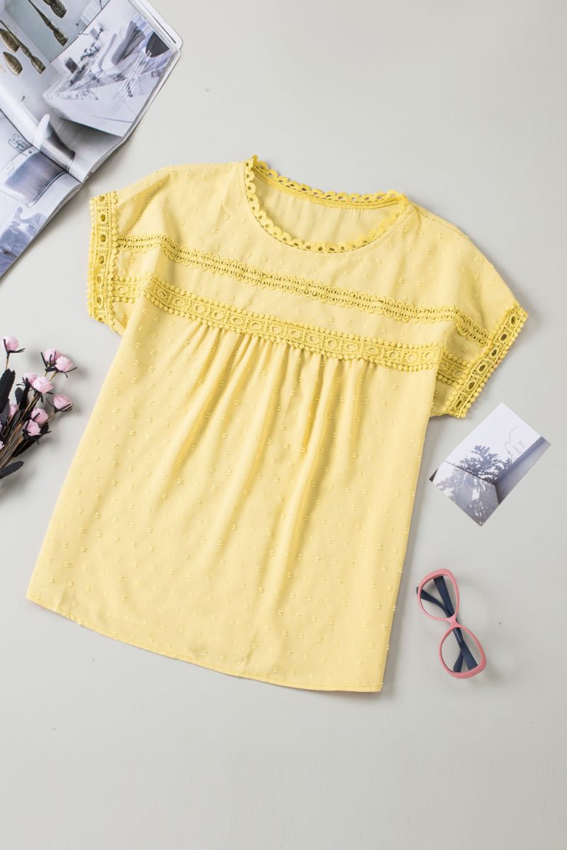 Apricot Swiss Dot Lace Splicing Short Sleeve Top - Image 6