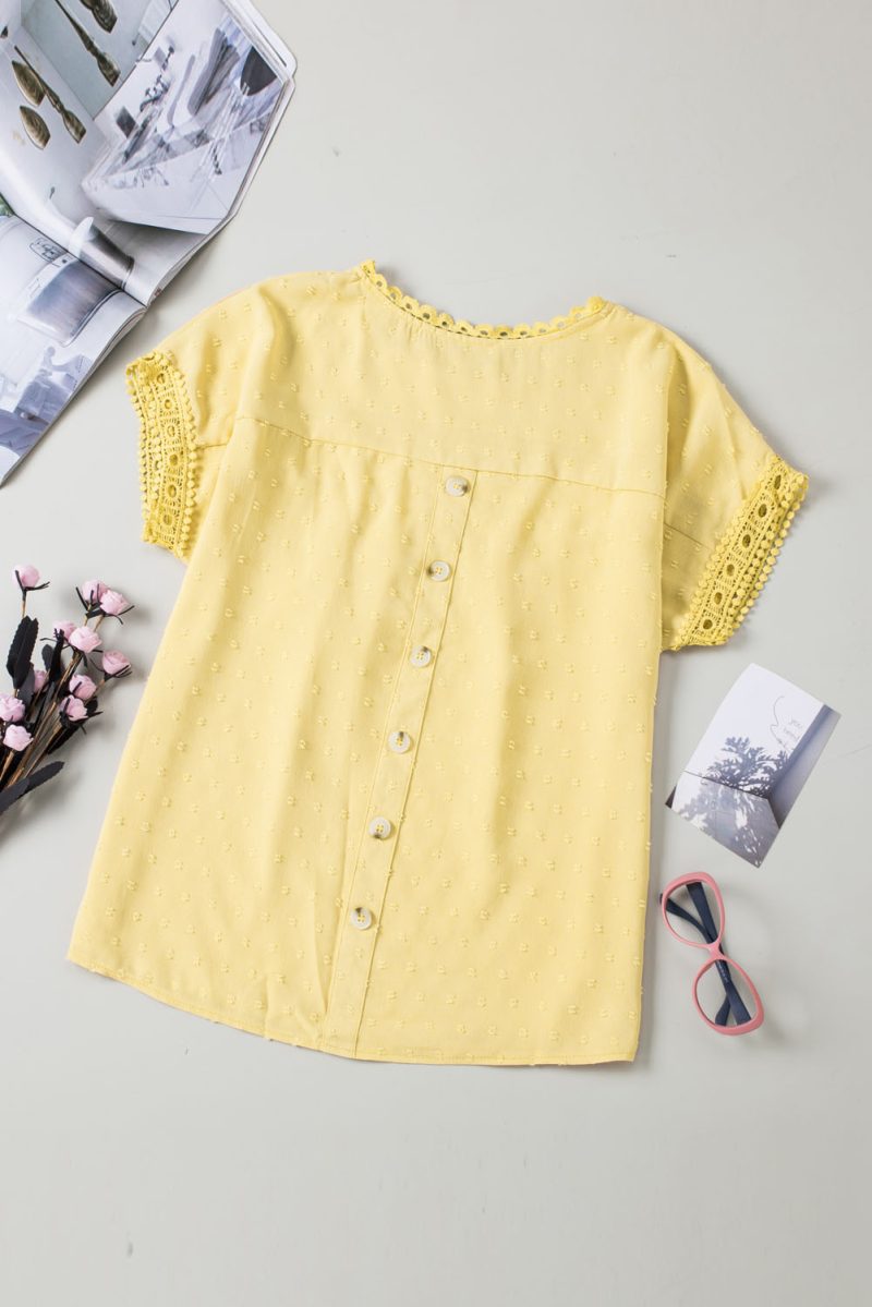 Apricot Swiss Dot Lace Splicing Short Sleeve Top - Image 7