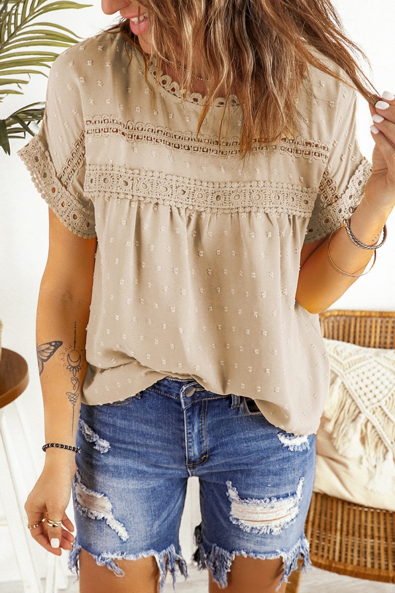 Apricot Swiss Dot Lace Splicing Short Sleeve Top - Image 12