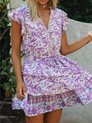 Autumn Winter Women  Clothing Short Sleeve Ruffle Sleeve Printed Dress