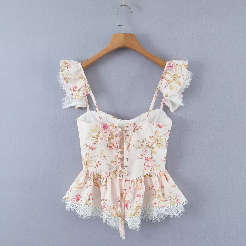 Fresh Sweet Girlish Printed Lace Shirt Lace Keel Women  Clothing Autumn Back Tied Top - Image 3