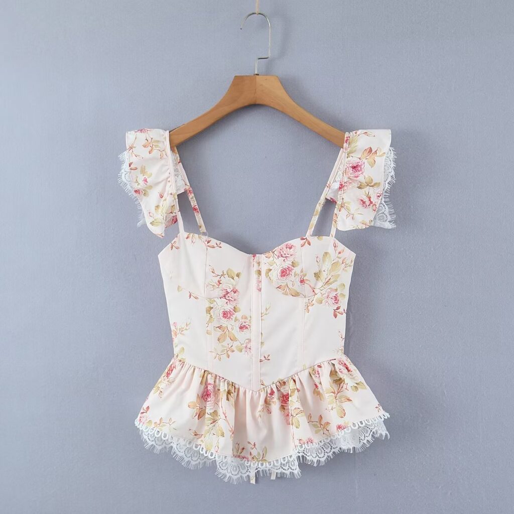 Fresh Sweet Girlish Printed Lace Shirt Lace Keel Women  Clothing Autumn Back Tied Top - Image 4