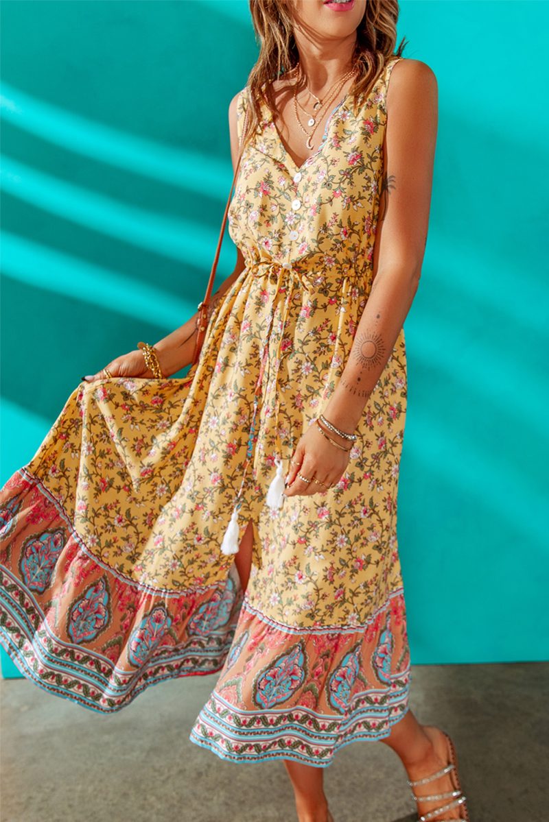 Yellow V Neck Buttoned Sleeveless Floral Dress - Image 2