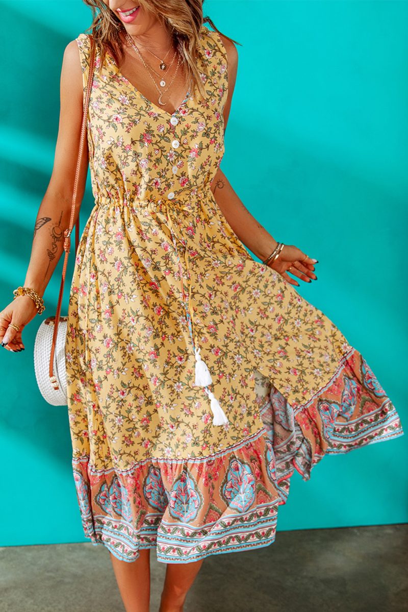 Yellow V Neck Buttoned Sleeveless Floral Dress - Image 4