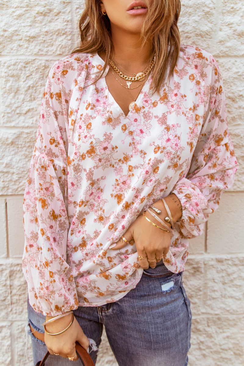 Multicolor Floral Print V Neck Long Puff Sleeve Top - Image 2