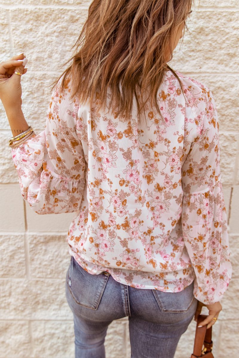 Multicolor Floral Print V Neck Long Puff Sleeve Top - Image 3
