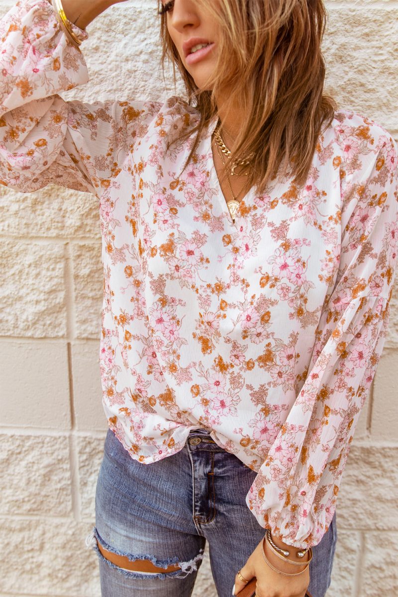 Multicolor Floral Print V Neck Long Puff Sleeve Top - Image 4