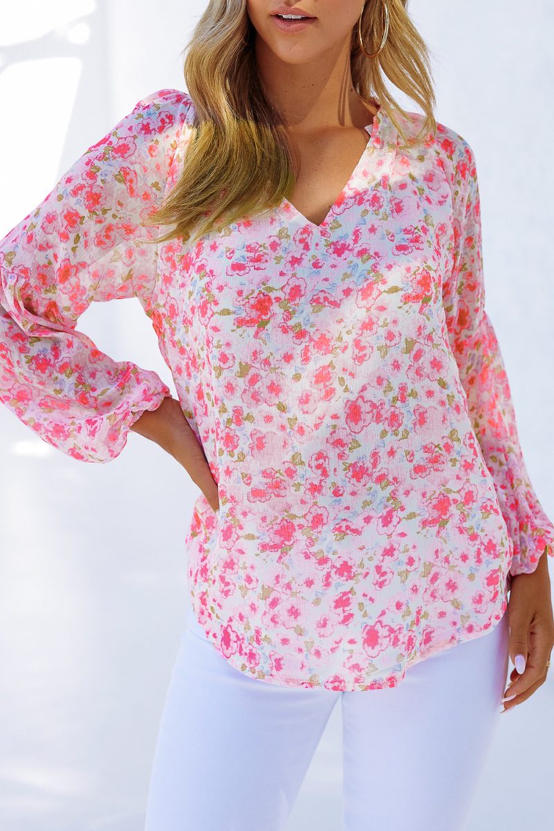 Multicolor Floral Print V Neck Long Puff Sleeve Top - Image 6