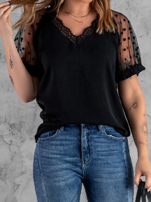 Black Polka Dot Mesh Patchwork Short Sleeve Blouse