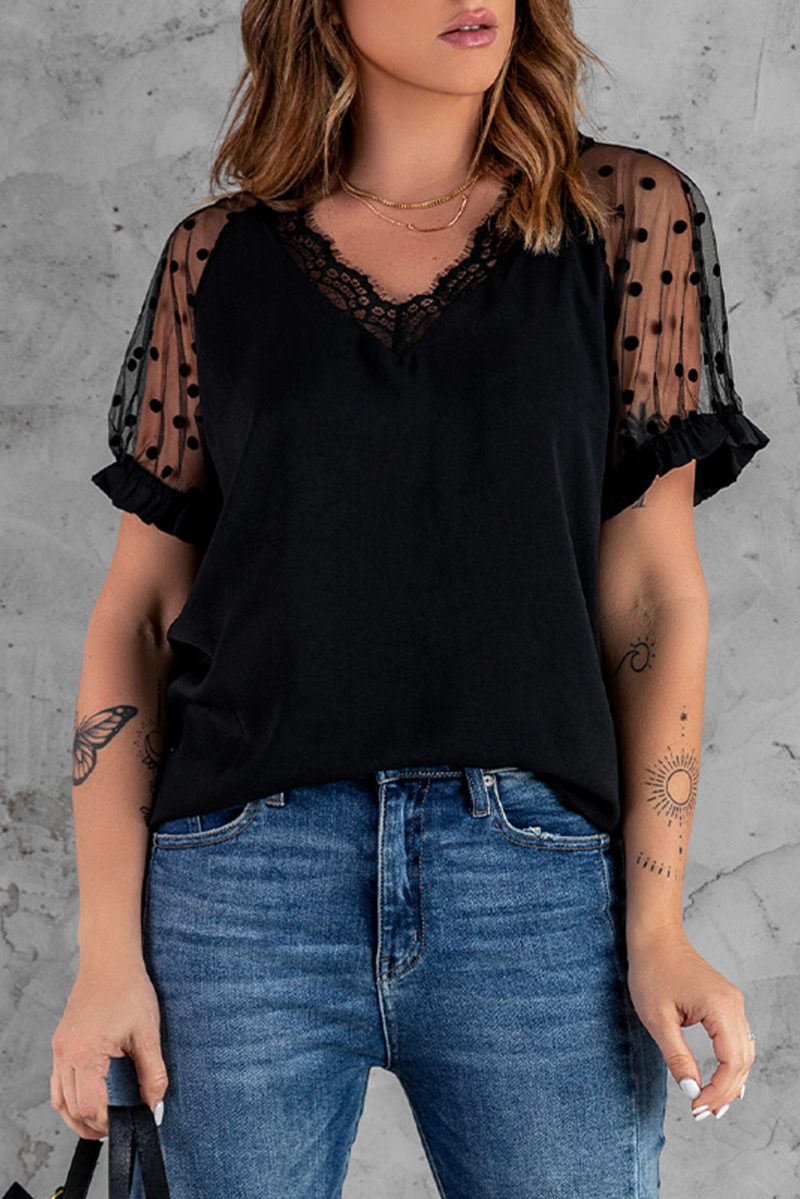 Black Polka Dot Mesh Patchwork Short Sleeve Blouse - Image 2