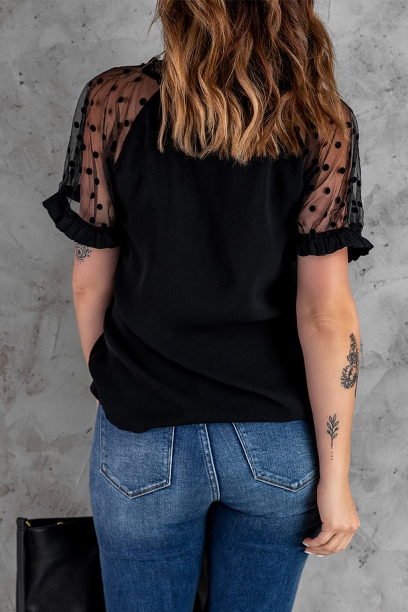 Black Polka Dot Mesh Patchwork Short Sleeve Blouse - Image 3