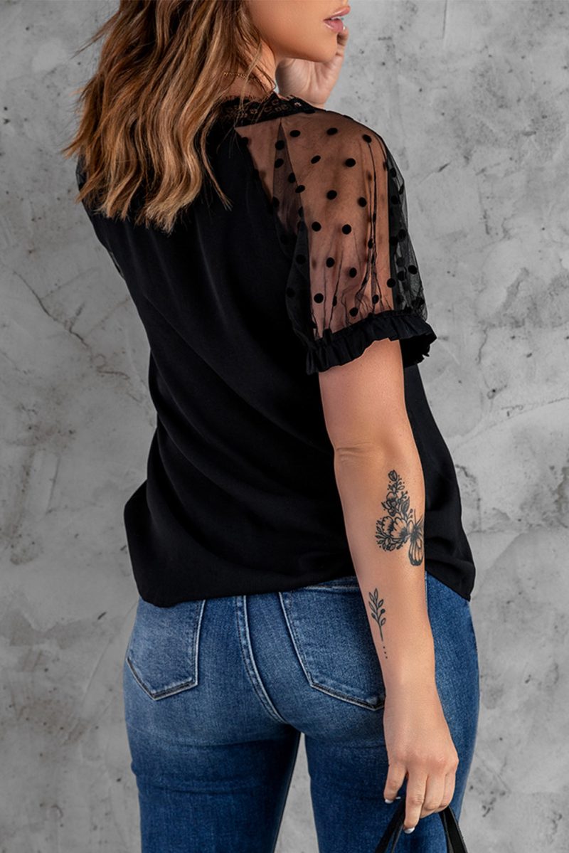 Black Polka Dot Mesh Patchwork Short Sleeve Blouse - Image 4