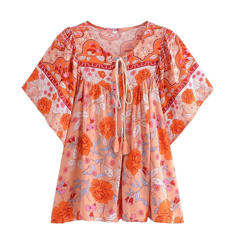 Women Clothing Rayon Printed round Neck Lace up Loose Pullover Blouses - Image 2