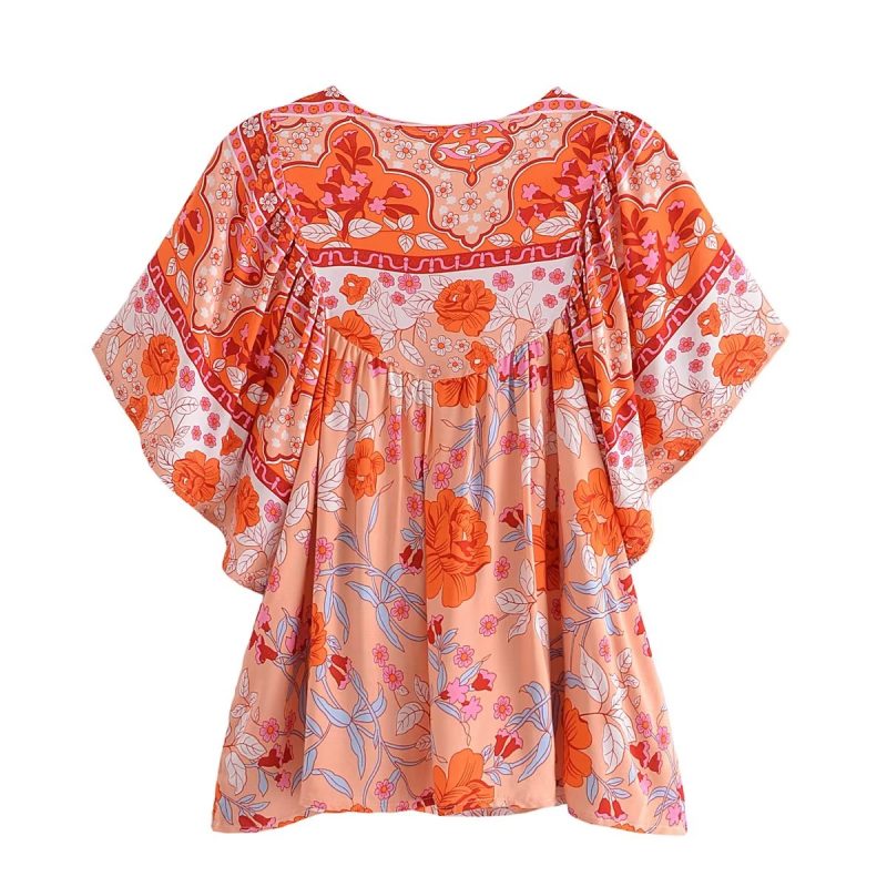 Women Clothing Rayon Printed round Neck Lace up Loose Pullover Blouses - Image 3