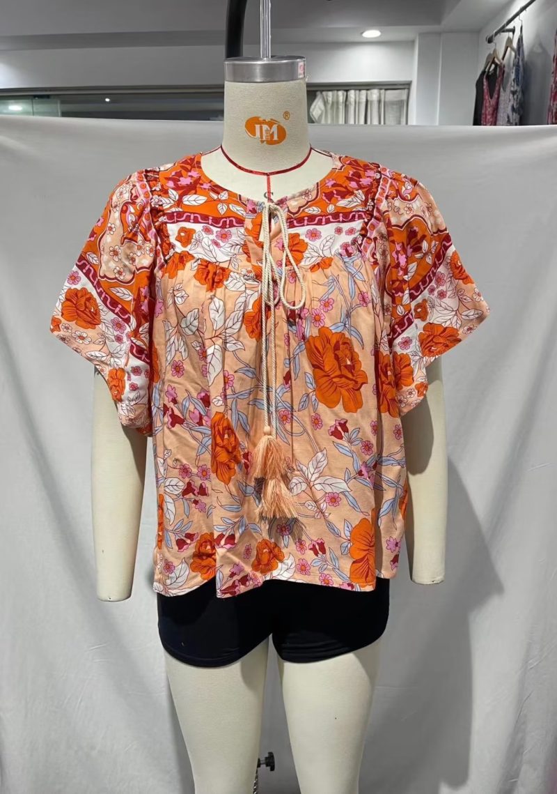 Women Clothing Rayon Printed round Neck Lace up Loose Pullover Blouses - Image 4