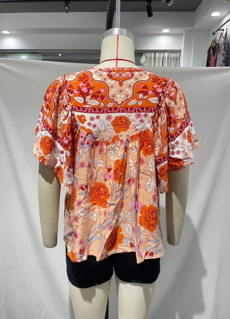 Women Clothing Rayon Printed round Neck Lace up Loose Pullover Blouses - Image 6