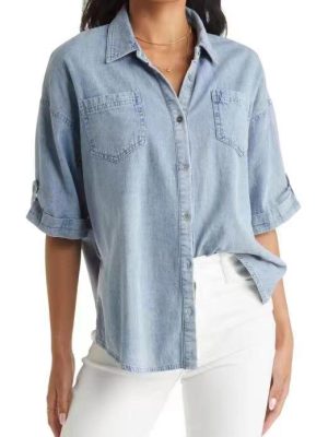 Popular Short Sleeved Shirt Spring Summer Washed Distressed Casual Denim Top