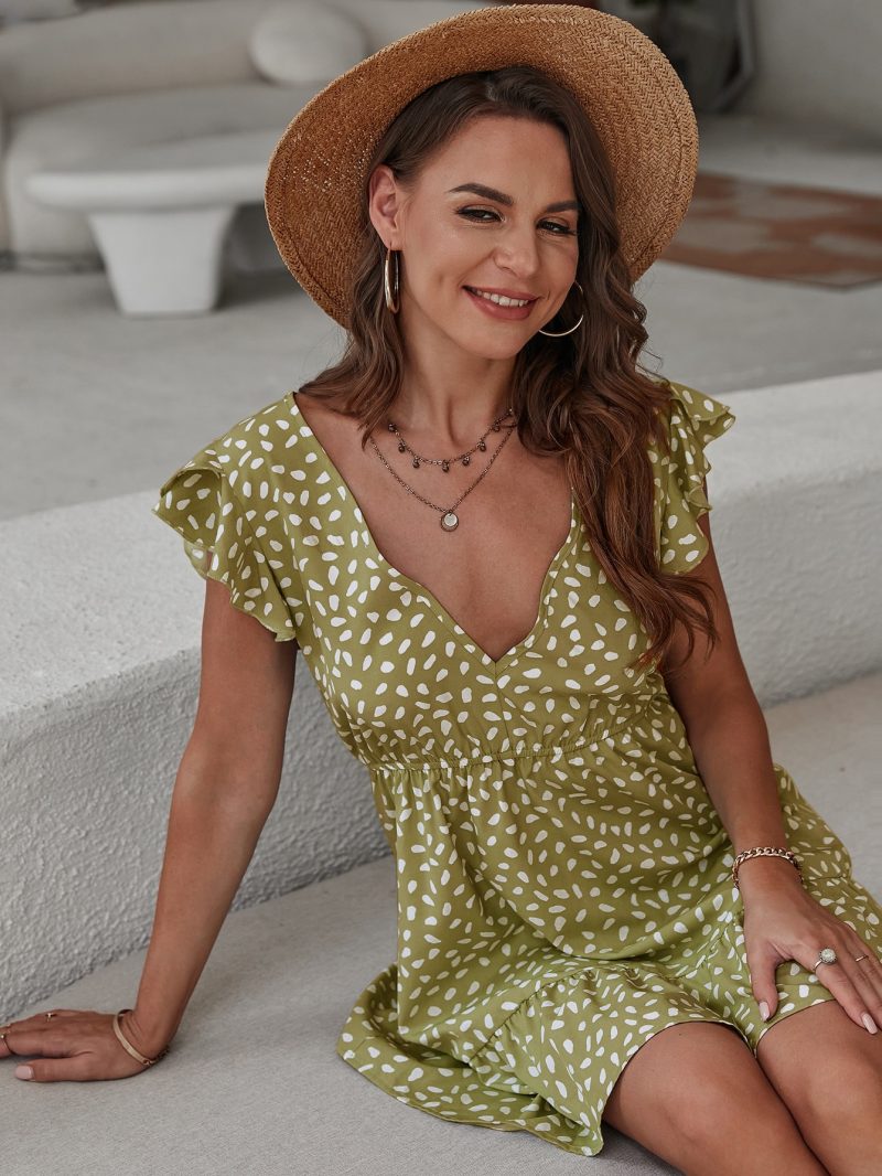 Women Summer Ruffle Sleeve V Neck Elegant Short Dress - Image 5