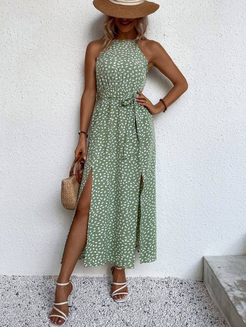Women Summer Slit Belt Tether Sling Dress - Image 2