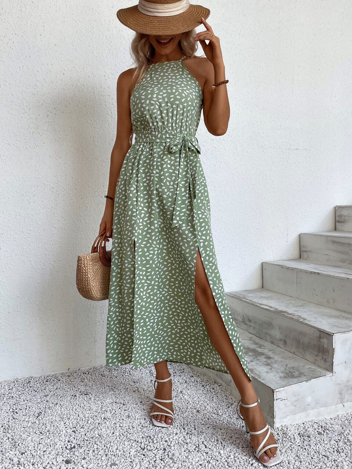 Women Summer Slit Belt Tether Sling Dress - Image 4