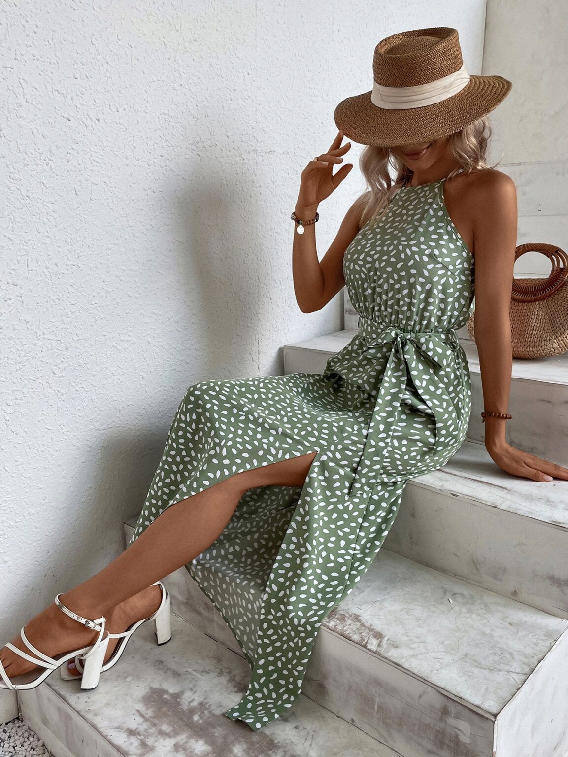 Women Summer Slit Belt Tether Sling Dress - Image 5