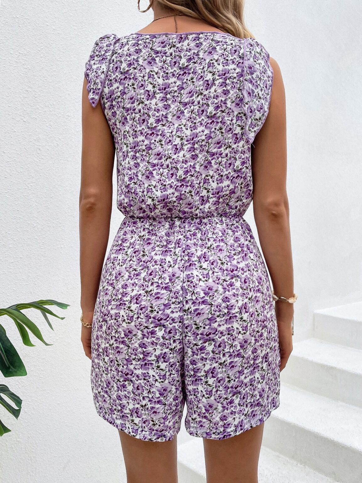 Women Summer Ruffled Button V Neck Rompers - Image 6
