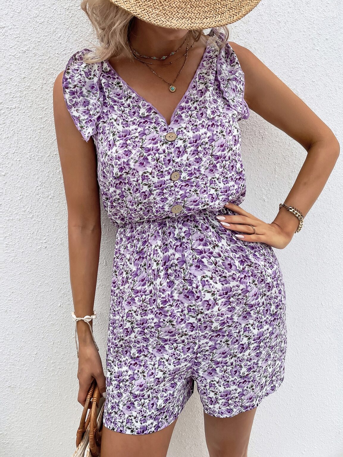 Women Summer Ruffled Button V Neck Rompers - Image 3