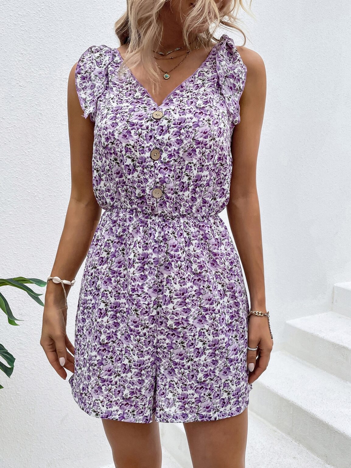 Women Summer Ruffled Button V Neck Rompers - Image 4