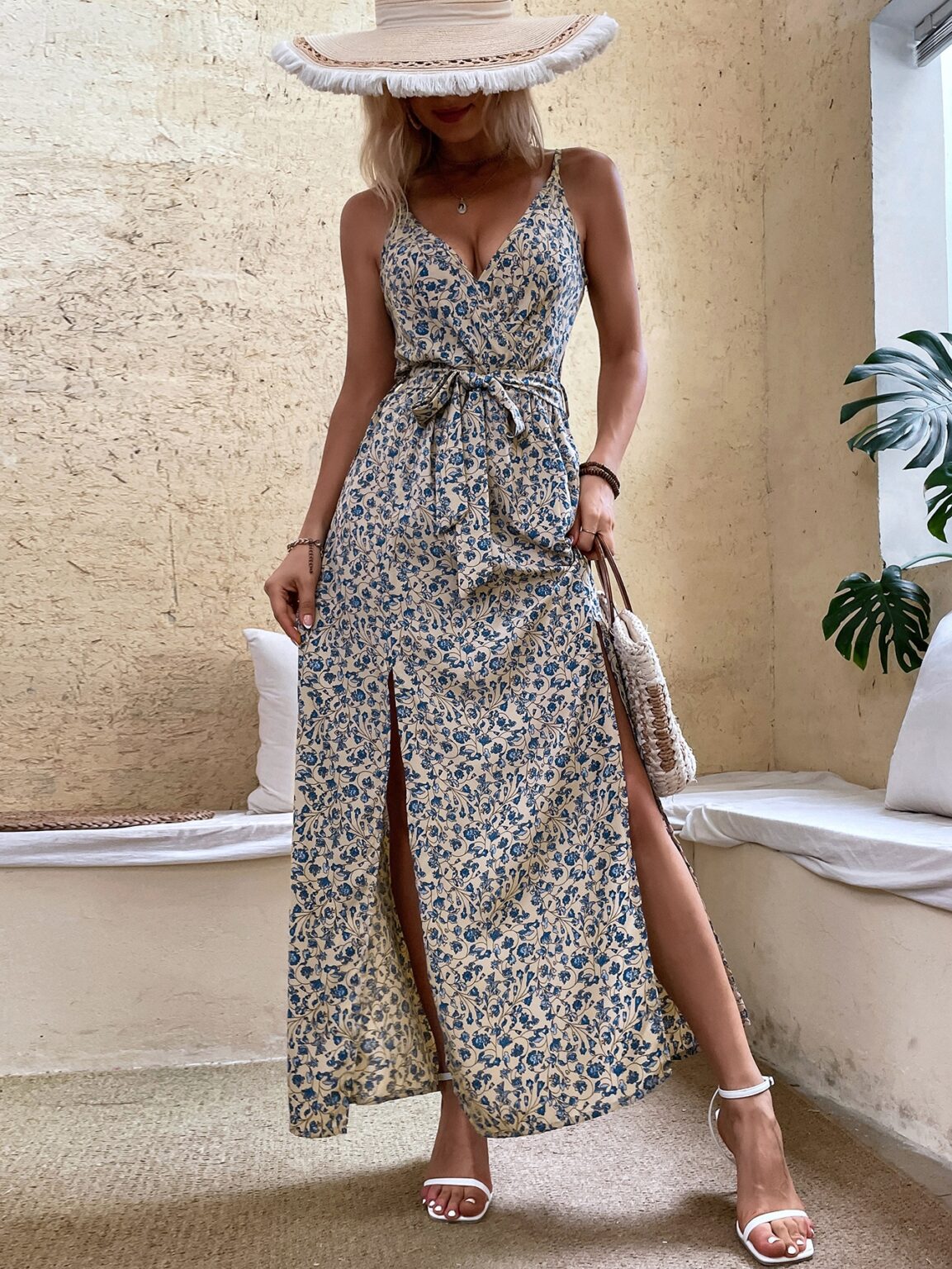 Women Summer V Neck Belt Print Sling Dress - Image 4