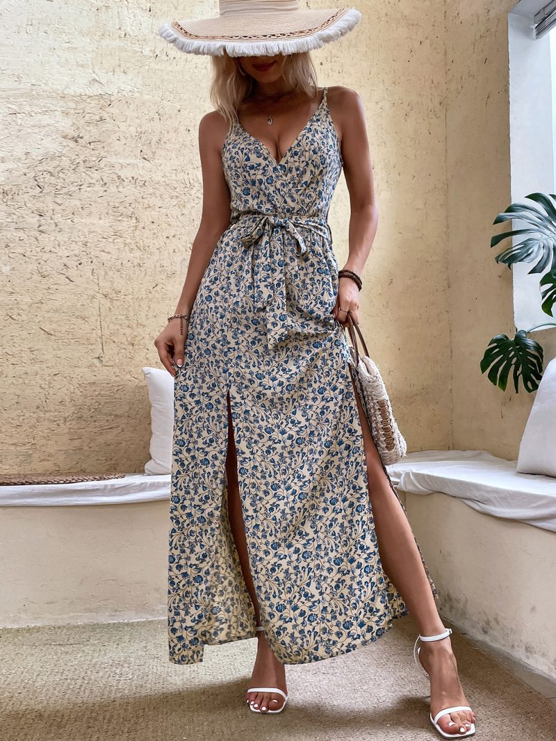 Women Summer V Neck Belt Print Sling Dress - Image 4