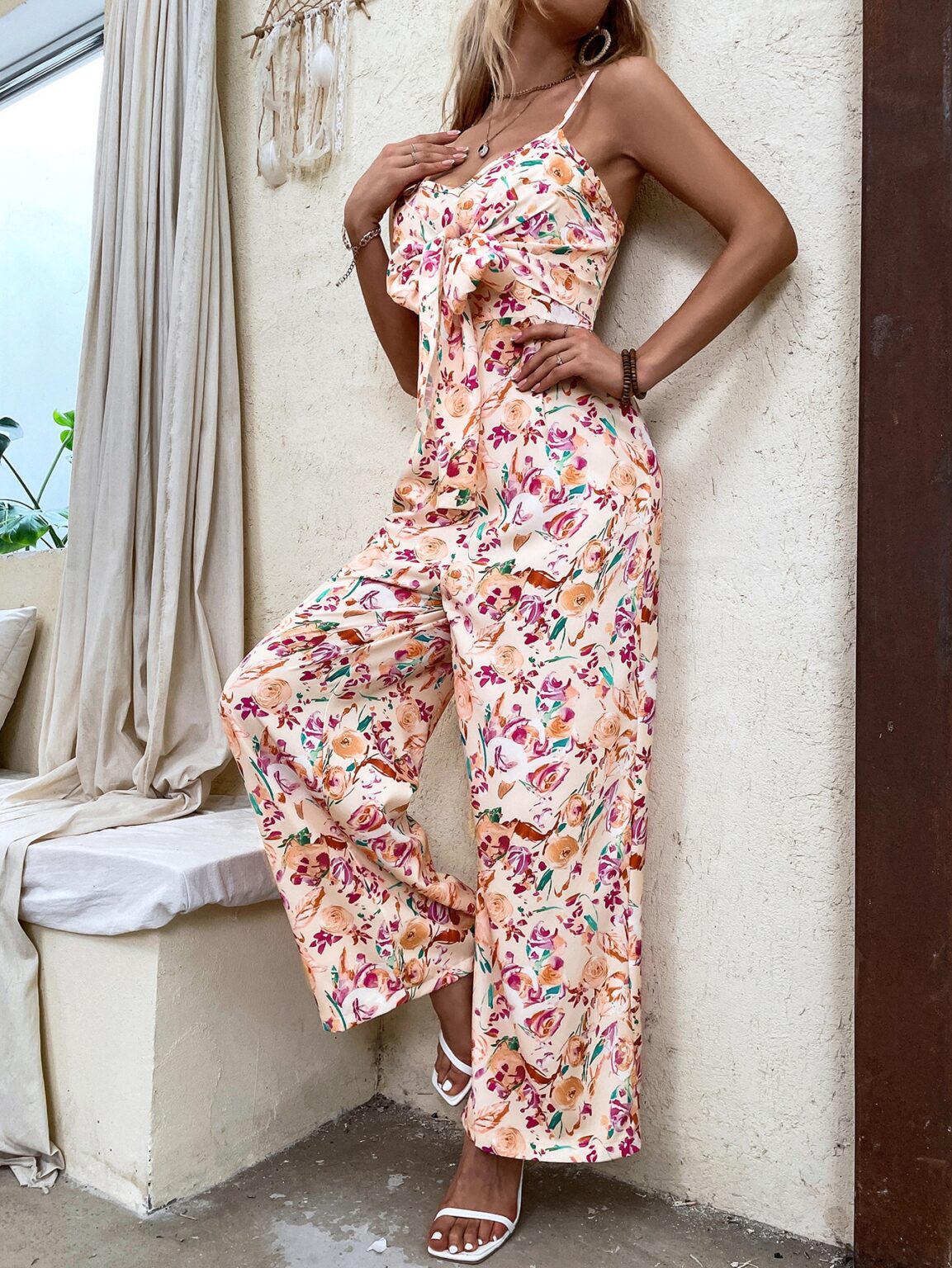 Women Summer V Neck Sling Tether Printed Wide Leg Jumpsuits - Image 3