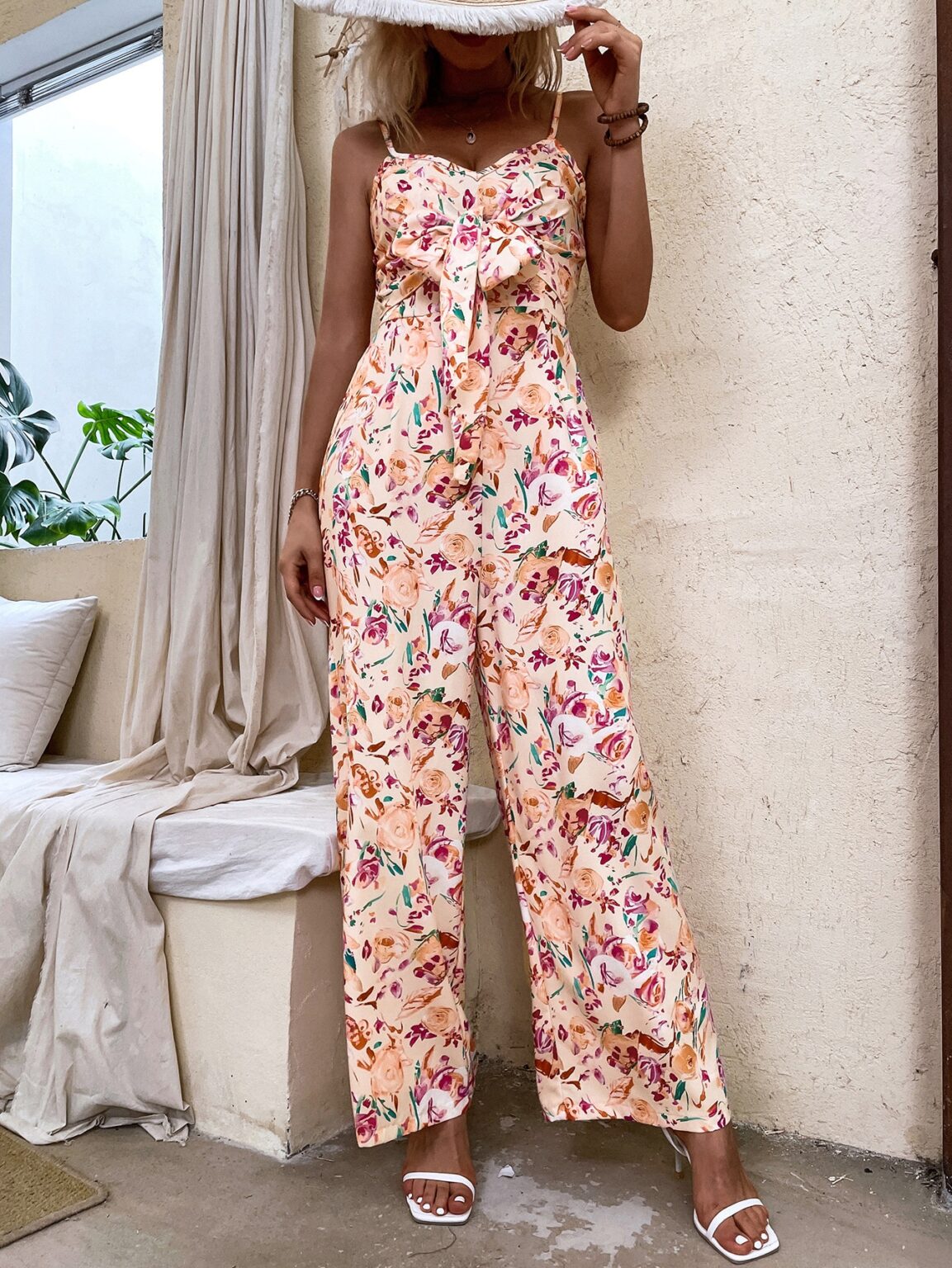 Women Summer V Neck Sling Tether Printed Wide Leg Jumpsuits - Image 4