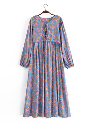 Spring Summer Rayon Positioning Floral Tassel Long Sleeve Dress