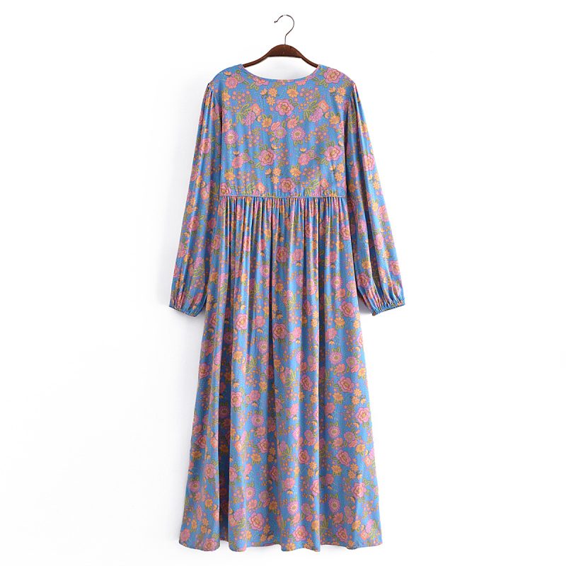 Spring Summer Rayon Positioning Floral Tassel Long Sleeve Dress - Image 2