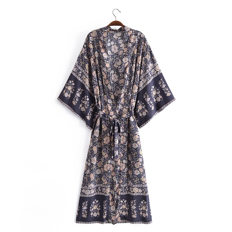 Spring Vacation Printed Long Loose Batwing Sleeve Lace up Rayon Large Swing - Image 2