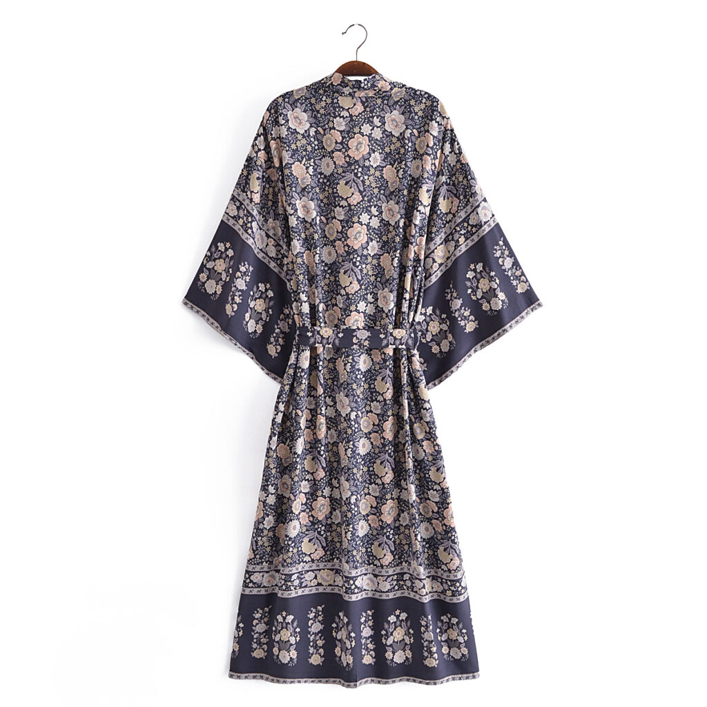 Spring Vacation Printed Long Loose Batwing Sleeve Lace up Rayon Large Swing - Image 3