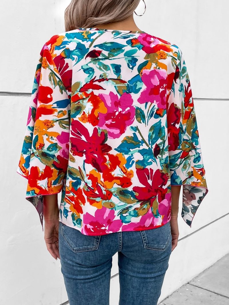 Women V Neck Three Point Sleeve Printed Elegant Loose Shirt - Image 6