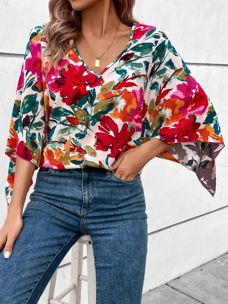 Women V Neck Three Point Sleeve Printed Elegant Loose Shirt - Image 2
