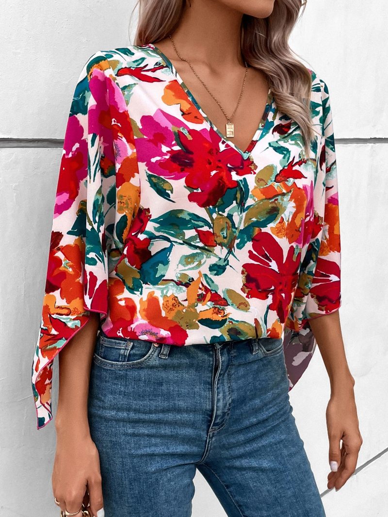 Women V Neck Three Point Sleeve Printed Elegant Loose Shirt - Image 3