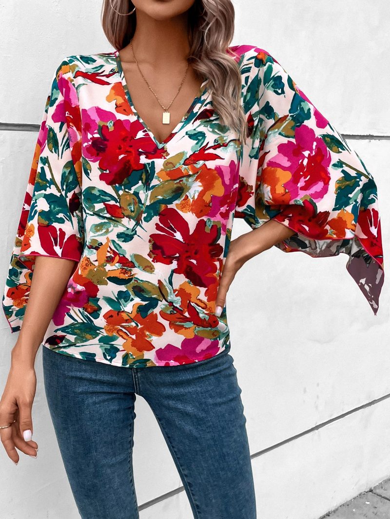 Women V Neck Three Point Sleeve Printed Elegant Loose Shirt - Image 4