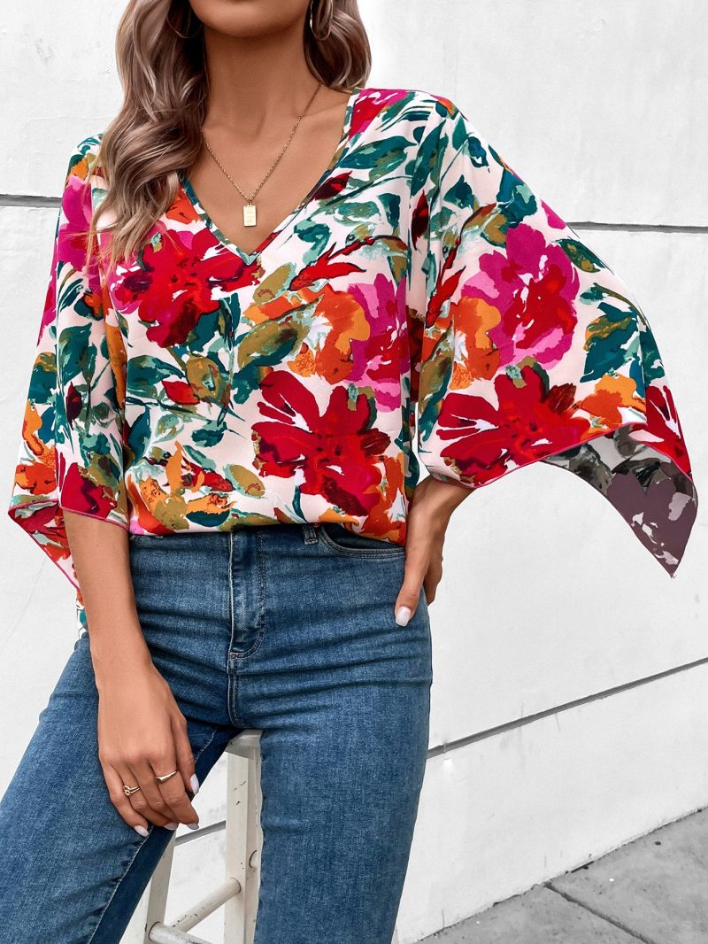 Women V Neck Three Point Sleeve Printed Elegant Loose Shirt - Image 5